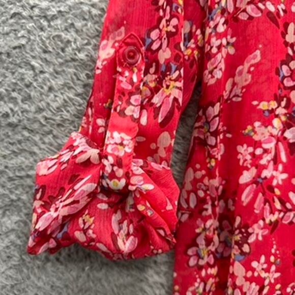 Kut From the Kloth Women's Sheer Red Floral Button Up Blouse Roll-Up Sleeves - Picture 4 of 10